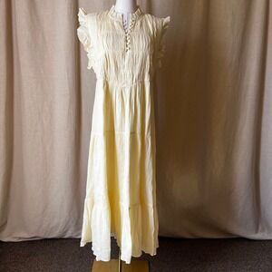 Ba&sh Yellow Cotton Gauze Midi Dress US 10 Tiered Boho Prairie Romantic